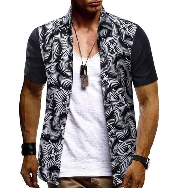 

2020 новая мода мужчины повседневные рубашки свободные с коротким рукавом тропический принт пэчворк кнопка вниз летняя рубашка топ одежда #5, White;black