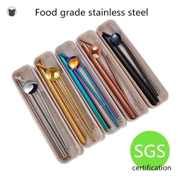 

portable stainless steel straw set reusable color straw with cleaning brush(set of 7,1bent+2straight+2 brush+1spoon+1box) fda