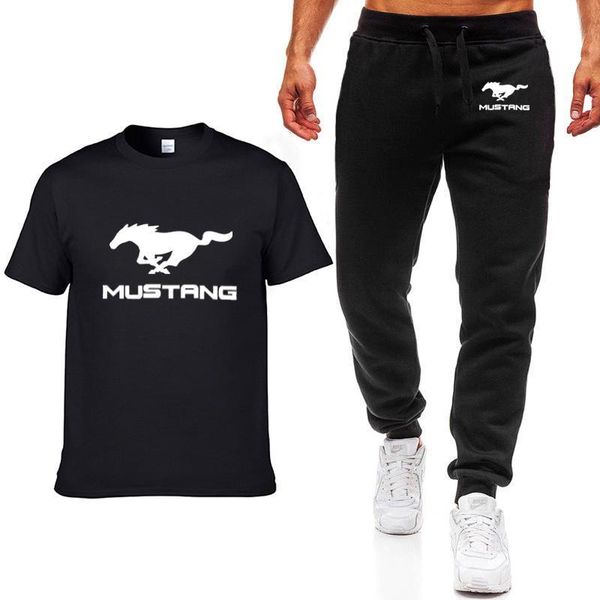 

fashion summer men t shirts mustang car logo printed hip hop casual cotton short sleeve t-shirt+pants suit clothing, White;black