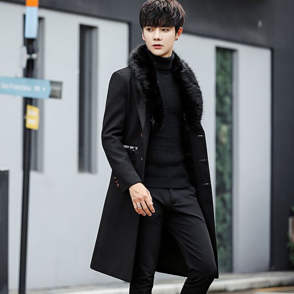 

2018 men new winter woolen fur collar long coat warm outwear slim coat men long winter trench chaqueta invierno hombre, Black