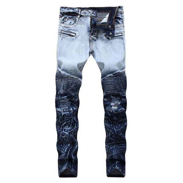 

2020 men's motorcycle jeans youth zipper stretch fashion two-color ripped pleated denim trousers, Blue