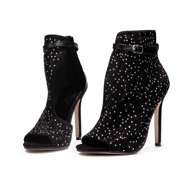 

11cm black rhinestone peep toe ankle bootie fashion women shoes ladies high heels pumps size 35 to 40