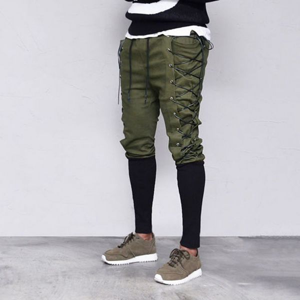 

autumn patchwork slim sweatpants medieval side drawstring trousers men casual pencil pantalon homme sport harem pants outdoor, Black
