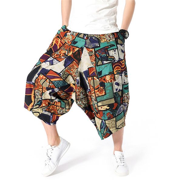 

womail men's fashion pant summer men's large size cotton and linen national wind harem pants cropped pant dropship apr22, Black
