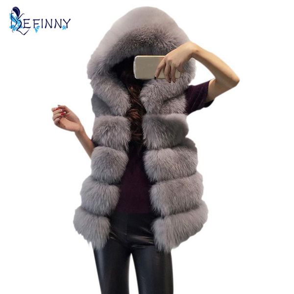 

faux fox fur vest new winter thick warm fur vest hooded coat female high imitation jacket grey outerwear, Black