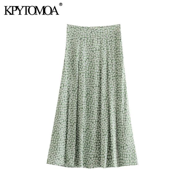 

kpytomoa women 2020 chic fashion floral print pleated midi skirt vintage high waist side zipper slit female skirts faldas mujer, Black