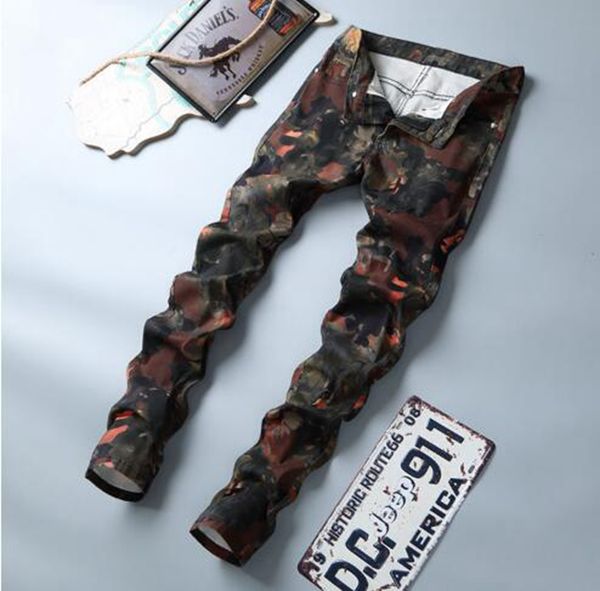 

men's fashion south korean version of the new trend of slimming personality camouflage print pattern straight leg jean trousers / 6787, Blue