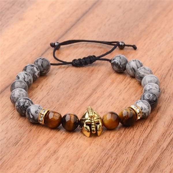 

roman knight spartan warrior gladiator helmet bracelet men stone bead adjustable charm bracelets mala yoga elastic drop shipping, Golden;silver