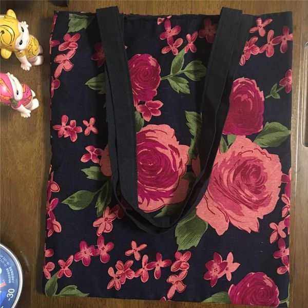

yile handmade 2-layer black lining cotton linen eco shopping tote shoulder bag rose flower 1756