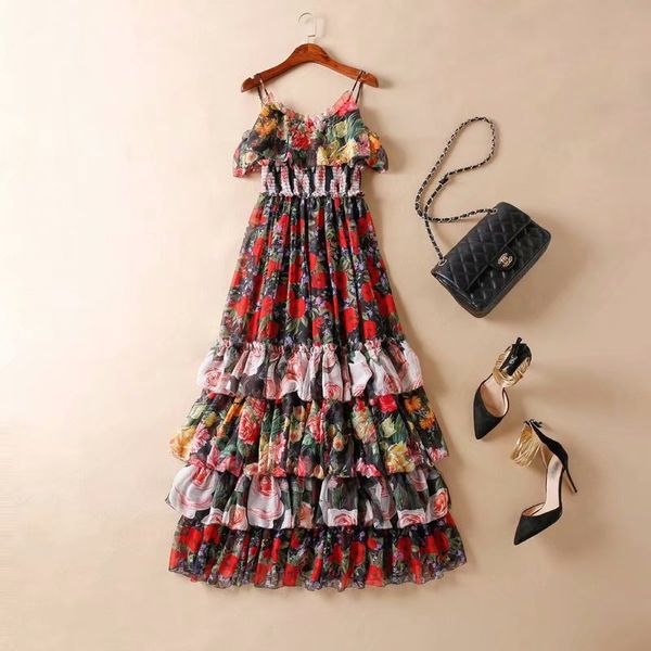 

european and american women's clothing 2019 summer new style cascade flower printing falbala condole belt fashion dress, Black;gray