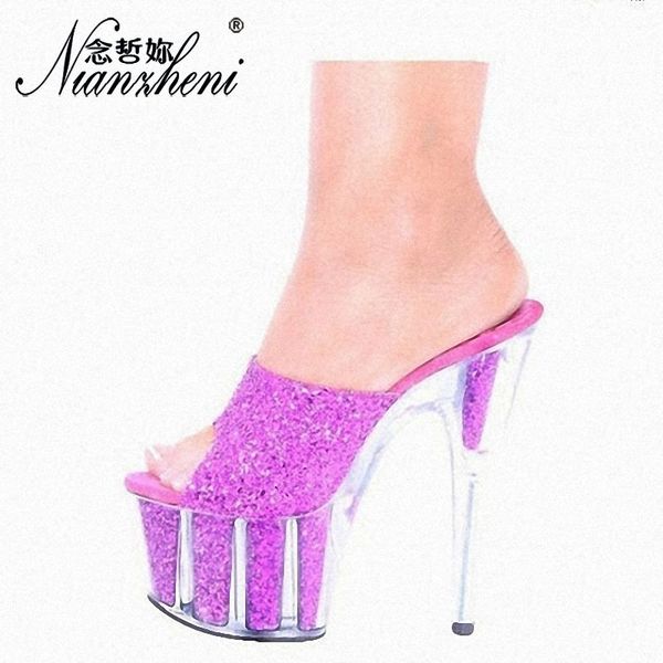 

15cm super high thin heel waterproof crystal sandals and slippers fashion show summer shoes, Black