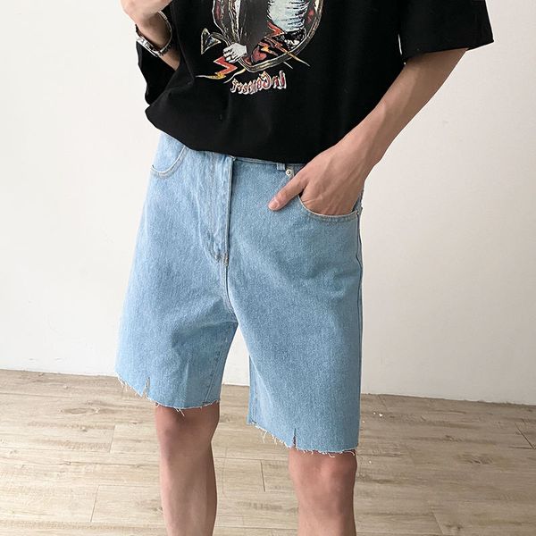 

2020 summer new youth popular men's loose solid color washed edging five points jeans fashion casual straight shorts, Blue