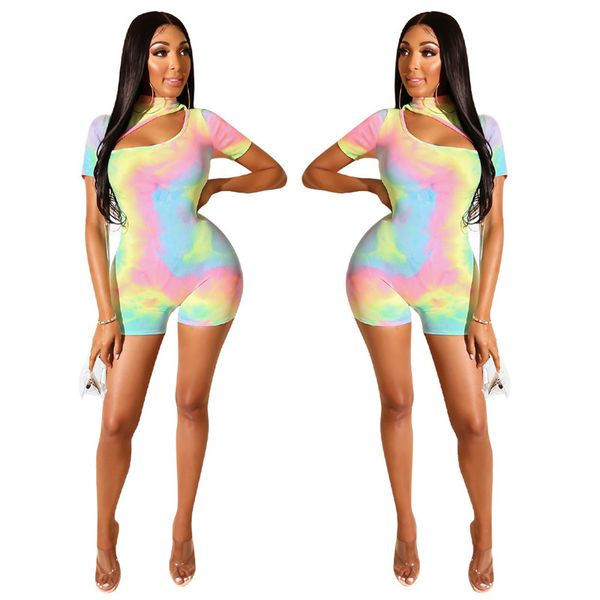 

rainbow tie dye print сексуальный боди женщины с коротким рукавом спереди вырез bodycon комбинезон лето высокая шея короткий цельный комбине, Black;white