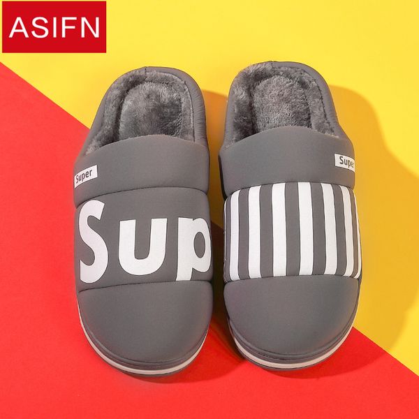 

asifn male slippers with fur indoor cotton winter men waterproof non-slip warm home half-pack female slippers couple, Black