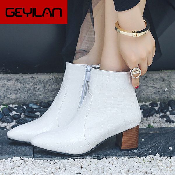 

ankle boots women embossing leather square high heel booties comfy square toe autumn winter ladies shoes white black 2019 new