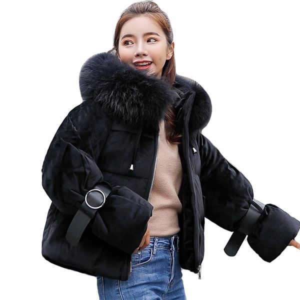 

2019 new arrival women winter jacket velvet fabric with fur hooded coat short outwear sweet padded parka casaco feminino inverno, Black