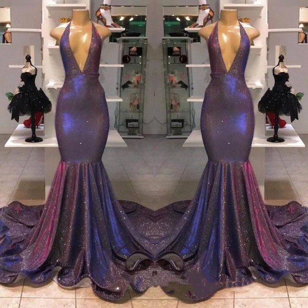 

sparkle reflective purple sequined prom dress real image deep v neck mermaid halter long evening gowns bc1256, Black