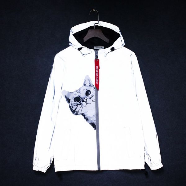 

reflective jacket men/women harajuku windbreaker jackets hooded hip-hop streetwear night shiny zipper coats jacket, Black;brown