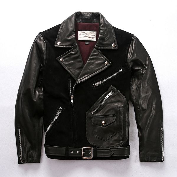 

men's patchwork motorcycle leather jacket with belt lapel zipper double color genuine leather biker jacket men leather coat, Black