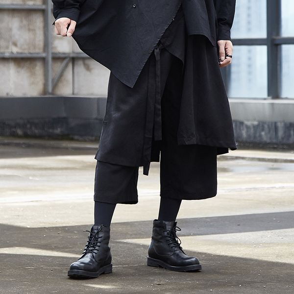 

men fake 2pcs splice loose casual wide leg pant male japan kimono streetwear hip hop skirt trousers harem pant stage clothing, Black