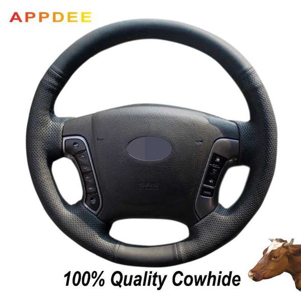 

black genuine leather steering wheel cover for santa fe 2006-2012
