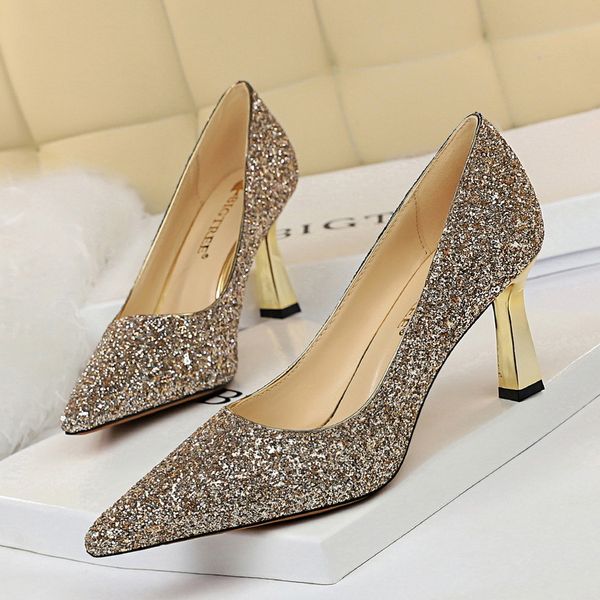 

okinternational high heels dance club shoes women glitter pump wedding bling fashion pointed toe club female high heel, Black