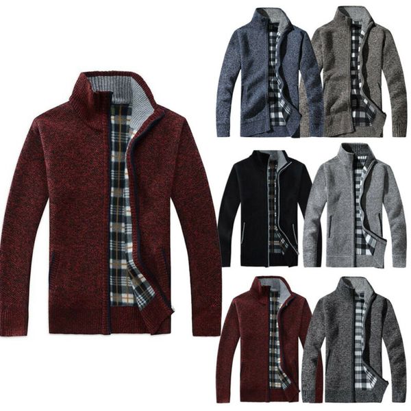 

mens zip up thermal insulated fleece lined knitted cardigan jumper cardigan gift male solid casual jackets outwear clothing, Black;brown