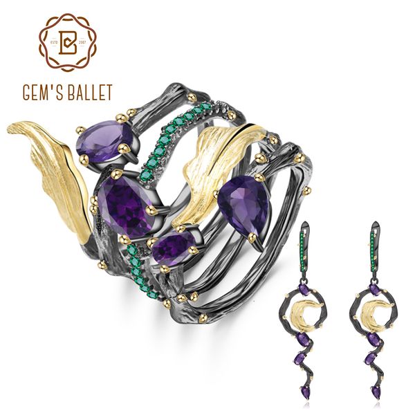 

gem балетных 3.19ct природный аметист серьги кольцо набор стерлингового серебра 925 винтаж gothic комплект ювелирных изделий для женщин изящ, Silver