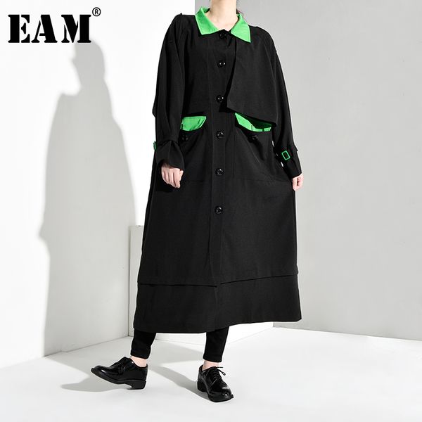 

eam] women green split joint big size long trench new lapel long sleeve loose fit windbreaker fashion autumn winter 2019 1b065, Tan;black