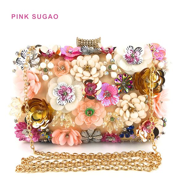 

pink sugao luxury chain bags women shoulder bags designer dinner bag lady handmade color flower beaded bag evening shoulder bag