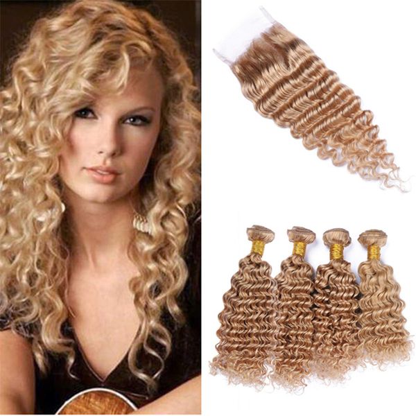 2019 27 Honey Blonde Deep Curly Human Hair Weave 4 Bundles With