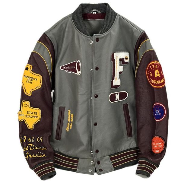 

men and women in contrast color heavy embroidery full head layer fall grain leather clothing leather baseball, Black