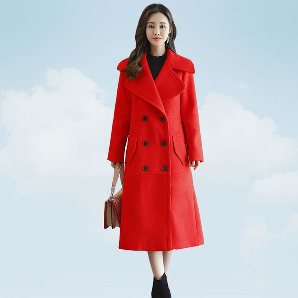 

winter double-breasted female woolen coat casual fashion lapel medium long korean big red autumn woolen coats slim fit ss645, Black