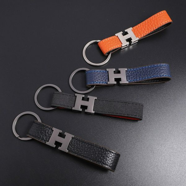 

2020 fashion keychain car key chain real leather with stainless steel keychain keyring in white gold with black