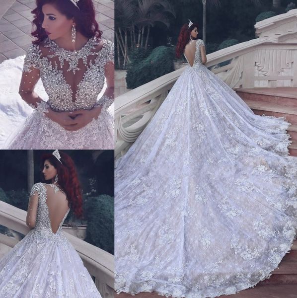 

custom made latest round collar long sleeve plus size wedding dresses bridal dresses beaded crystals vestidos de noiva wedding gowns, White