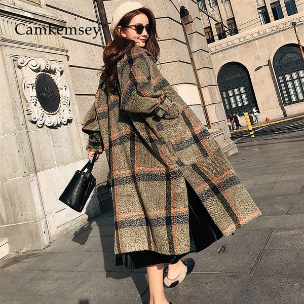

camkemsey 2019 new women warm winter cashmere coat ladies work office elegant vintage plaid long wool blends coats y190926, Black