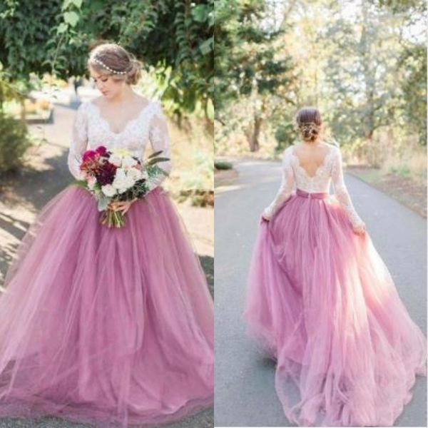 

bohemian beach 2019 wedding dresses long sleeve illusion bodice v neck lace tulle a line garden outdoor wedding bridal gowns, White