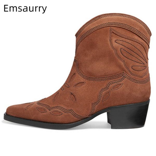 

ankle woman boots square toe cavered fashion sewing party botines square heel slip on western botas 2020 winter chic brown boots, Black