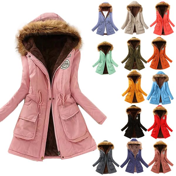 

wipalo autumn winter plus size women warm solid long sleeve long coat faux fur collar hooded zipper button lace up parka outwear, Black;brown