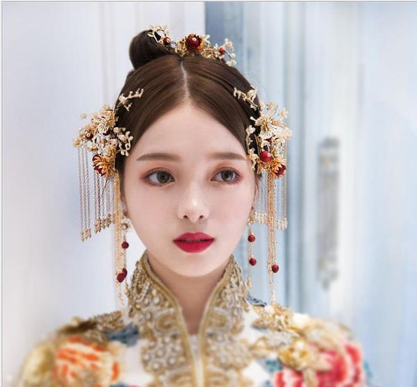 

new chinese bride's antique headdress xiuhe dress, retro phoenix crown hair ornament, wedding dress accessories, Slivery;golden