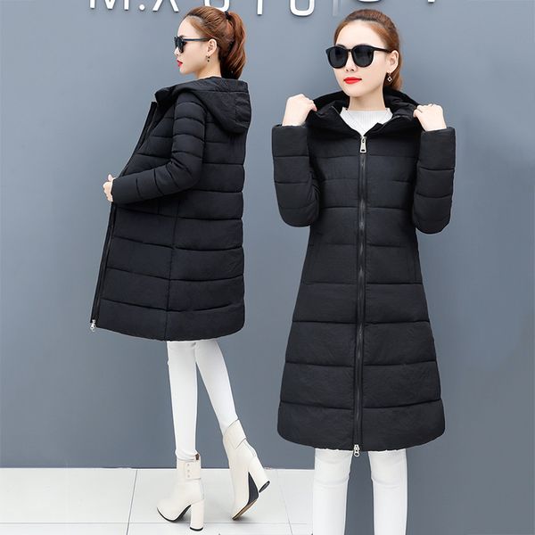 

slim women parkas coat hooded light long women winter jacket 2019 new green thick warm cotton padded ladies coat outwear dr1187, Black