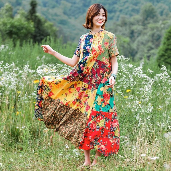 

women's dress xiazhi brand national style women's dress pure cotton printing splicing large swing skirt theme costume ethnic cloth, Red