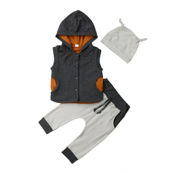 

2019 new 3pcs kids baby boy sleeveless hooded casual printed clothes hooded vest +long pants outfits set tracksuit, White