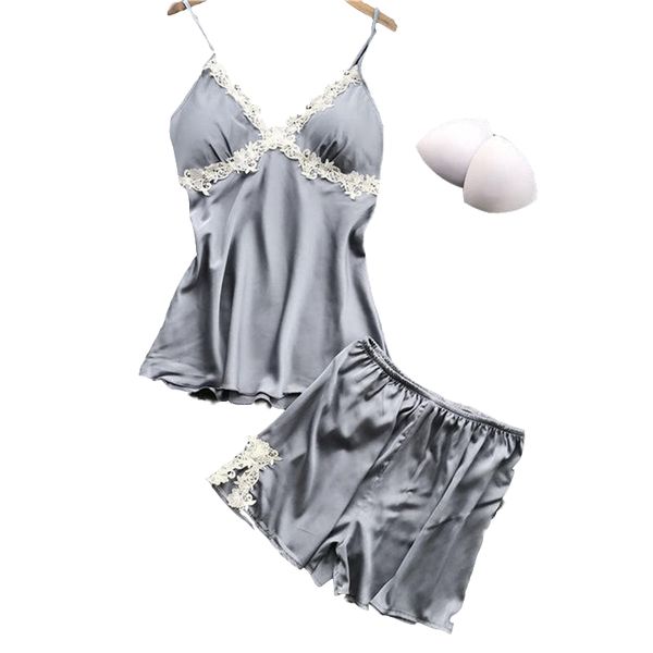 

женские пижамы наборы атлас кружева лоскутное рукавов летние пижамы с мягкой спагетти ремень топы + шорты пижамы наборы, Blue;gray