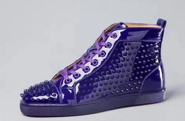 

2019new brand mirror blue whole spikes flats shoes red bottom shoes for men and women party lovers leather sneakers leisure shoes lace-up, Black