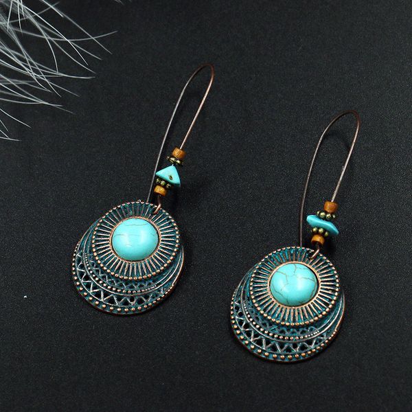 

indian tribal brass dangle earrings women round big stone long drop earrings for women vintage jewelry, Silver
