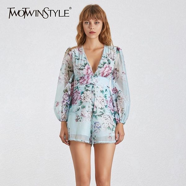 

twotwinstyle summer print playsuit for women v neck lantern sleeve high waist slim shorts female fashion 2019 casual new, Black;white