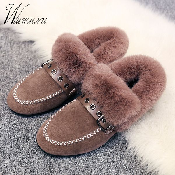 

women casual short plush loafers winter new fashion khaki fluffy furry fur slip on flats round toe metal rivet decoration shoes, Black