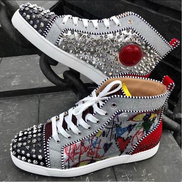 

new discount rantus orlato men's flat graffiti sneakers men red bottom shoes,2018 new pik pik studs shoes no limit rhinestones red sne, Black