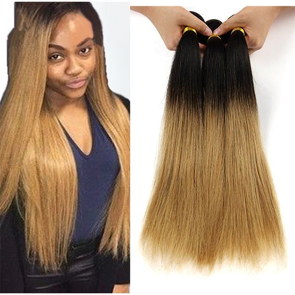 2019 2 Tone Honey Blonde Human Hair Weaves Light Brown Ombre Hair